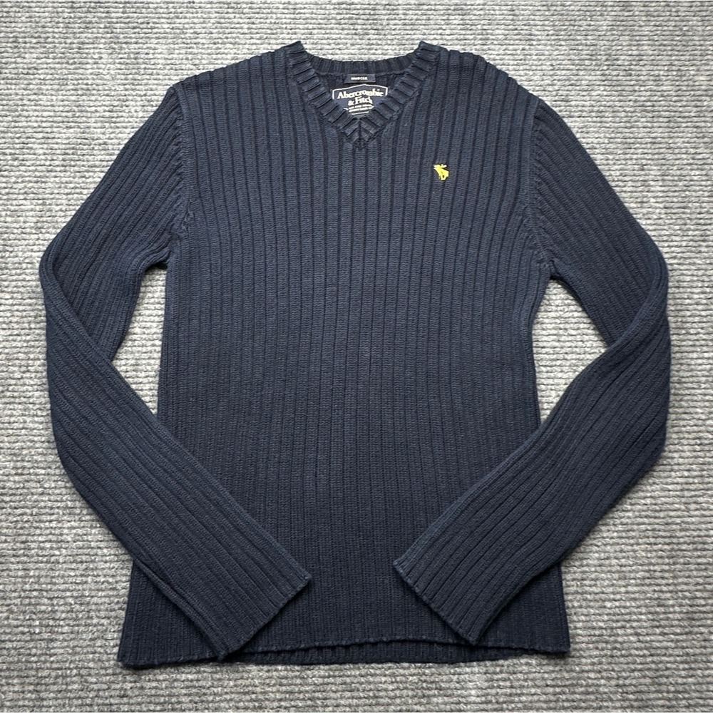 Abercrombie & Fitch Sweater Mens XL Navy Blue Ribbed Muscle Fit V-Neck